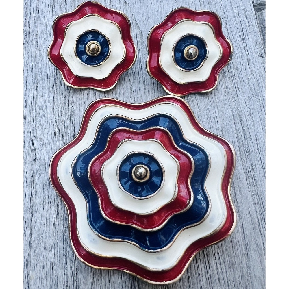 Vintage Marvella Red White Blue Enamel Flower Brooch & Earrings Set Signed 1960s